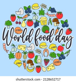 World food day banner. Card with vegetables fruits and lettering. Fight against hunger, world food festival. Template nutrition vector illustration