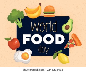 World food day banner. Graphic element for website. Natural and organic products. Egg, apple, broccoli and banana. Healthy food and vegetarian diet, proper nutrition. Cartoon flat vector illustration