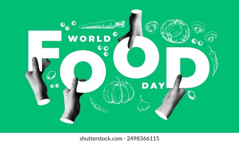 World food day banner. Modern collage with halftone hands holding the word Food. Sketch style vegetables. Healthy eating concept. Retro newspaper cut out paper elements.