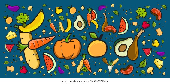 World Food Day Banner Vector Illustration Various Food, Fruits, and Vegetables. Vector Colorful Lettering Food Doodle  Illustration for Website, Landing Page, Banner, Poster, Print, Story.