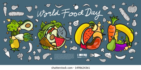 World Food Day Banner Vector Illustration Various Food, Fruits, and Vegetables. Vector Colorful Lettering Food Doodle  Illustration for Website, Landing Page, Banner, Poster, Print, Story.