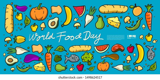 World Food Day Banner Vector Illustration Various Food, Fruits, and Vegetables. Vector Colourful  Doodle Food Illustration for Website, Landing Page, Banner, Poster, Print, Story.