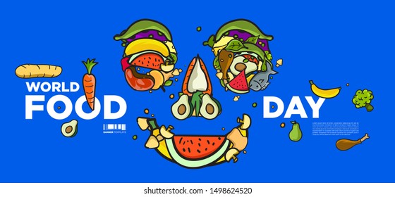 World Food Day Banner Vector Illustration Various Food, Fruits, and Vegetables. Vector Colourful  Doodle Food Illustration for Website, Landing Page, Banner, Poster, Print, Story.