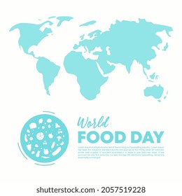 World food day blue color with map and food doodle elements.