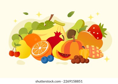 World food day, a bunch of healthy food fruits with vegetable leaves, apples, bananas, oranges, pears, grapes, etc., vector illustration