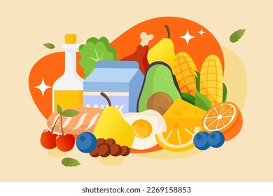 World food day, a bunch of healthy food fruits with vegetable leaves, apples, bananas, oranges, pears, grapes, etc., vector illustration