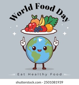 World Food Day Celebration on October 16. Cute Cartoon Globe Indicating Food Plate Vector Clip Art Background Design.