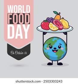 
World food day celebration on October 16. 2D vector Cartoon Globe Holding plate full of fruits with smile, clip art, background, social media post design.
