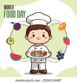 Celebración del día mundial de la comida el 16 de octubre. chef de dibujos animados de Vector 2D que sostiene un plato lleno de frutas y verduras con sonrisa, arte de Clip, fondo, diseño de publicaciones en redes sociales.