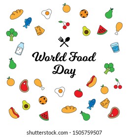 World Food Day celebration poster background design. various kinds of food drink simple icon vector illustration.