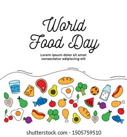 World Food Day celebration poster background design. various kinds of food drink simple icon vector illustration.