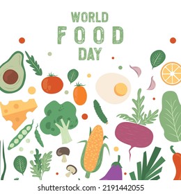 World Food Day celebration poster background design. various kinds of food drink simple icon vector illustration