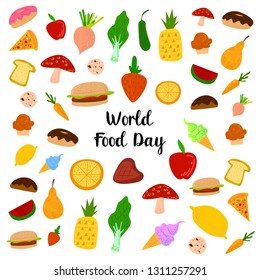 World Food Day With Colorfull Fruits, Meats and Vegetables Elements