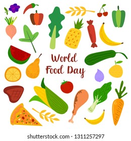 World Food Day With Colorfull Fruits, Meats and Vegetables Elements