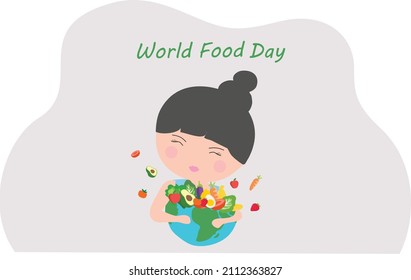 World food day concept, cute girl holding healthy food bowl vector illustration. 