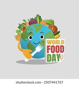 A World Food Day concept in flat design emphasizes simplicity, clarity, and vibrant colors to convey messages about food diversity, sustainability, and global unity