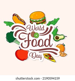 World Food Day Concept: Fruits, Vegetables, Junk Foods, Sticker Style Concept.