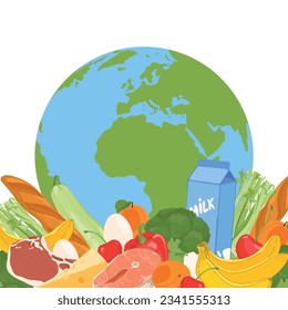 World Food Day. The concept of the importance of food safety, responsible nutrition and the elimination of food waste. Food in a flat style on the background of the Earth. 16 October.