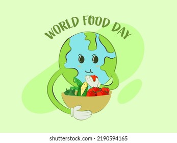 World Food Day Concept With Mother Earth Eating From a Vegetable Basket. 