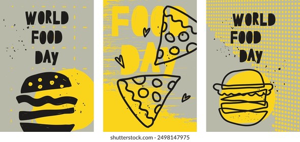 World Food Day. Food Day creative ads, International Food Day. Set of hand drawn posters, creative design with fastfood. template design in doodle style. Cheeseburger and pizza, delicious food.