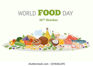 World Food Day. Different fresh food on banner or greeting card. Vector illustration