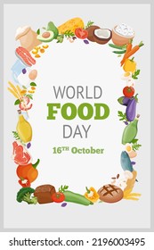 World Food Day. Different fresh food on banner or greeting card. Vector illustration