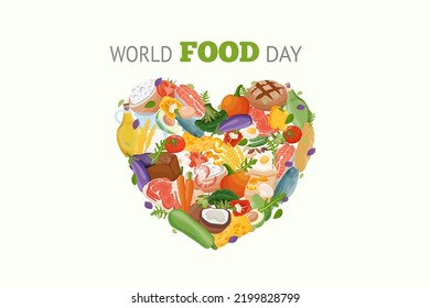 World Food Day. Different fresh food are laid out in shape of heart on banner or greeting card. Vector illustration.