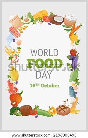 World Food Day. Different fresh food on banner or greeting card. Vector illustration
