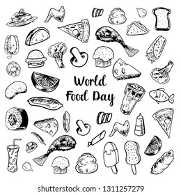 World Food Day Drawing Sketch Fruits, Meats and Vegetables Elements