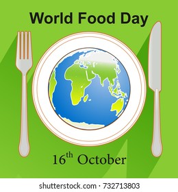 World Food Day Earth Icon On Dish With Fork And Knife Beside-Vector Illustration
