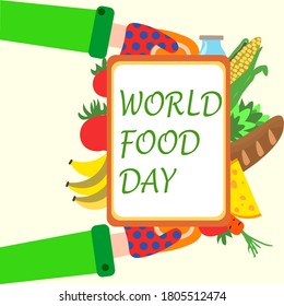 Día mundial de la comida. Ilustración vectorial plana. Persona sosteniendo una bandeja