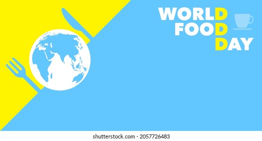 World food day, world fork and knife on yellow and blue background, vector