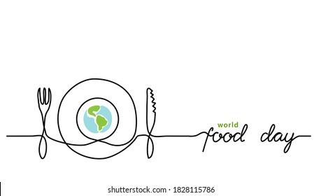 World food day holiday concept with earth or globe and plate, knife and fork. Single line art with text Food Day.