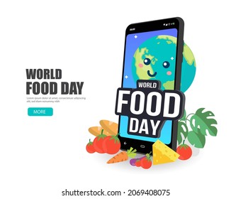 World Food Day illustration with cartoon earth cute and smartphone vector is suitable for social media, banner , poster , Flyer and related with food