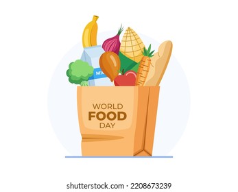 World Food Day Illustration With Various Food and Vegetables in grocery bag.
16th October World Food Day.
Can be used for web, landing page, banner, poster, etc