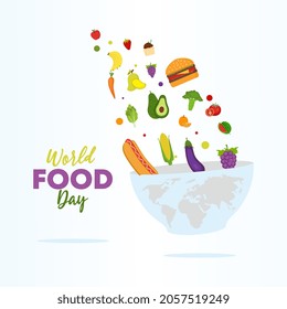 World food day illustration vector, decoration of meal, vegetables and fruits. Creative concept for healthy foods celebration banner.