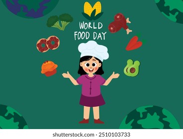 world food day, illustration, vector, girl surrounded by food