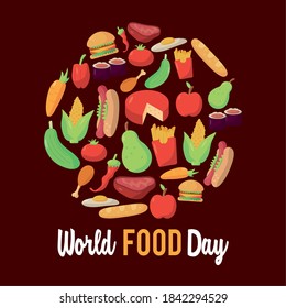world food day lettering poster with food circular frame vector illustration design