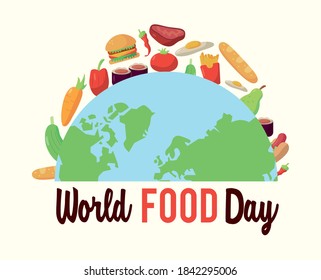 world food day lettering poster with earth planet half and food vector illustration design