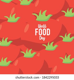 world food day lettering poster with tomatoes pattern vector illustration design