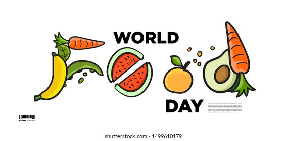 World Food Day lettering Shape from fruits and Food. Banner and Landing Page for International Food Day.