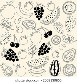World food day monochromatic line art vector poster, background design of various fruit. Nutritious, healthy diet vector background for world food day, Vegetarian, vegan day.