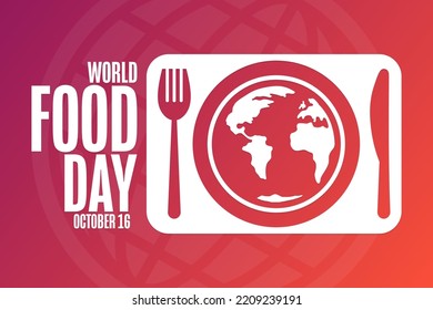 Día Mundial de la Alimentación. 16 de octubre. Concepto de vacaciones. Plantilla para fondo, banner, tarjeta, afiche con inscripción de texto. Ilustración del vector EPS10