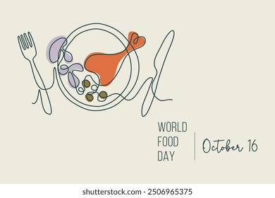 World Food Day, October 16th. Banner with line art style image of tasty meal. Prepared chicken drumstick, mushrooms, peas on a plate.  Outline vector illustration.
