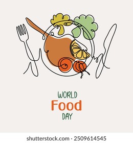 Dia Mundial da Alimentação, 16 de outubro. Banner com imagem em estilo line art de refeição saborosa. Preparados de carne e legumes em placa. Contorno desenhado à mão ilustração vetor colorido.