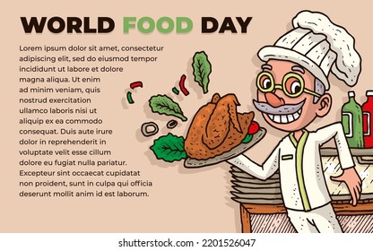 world food day with old chef brings grilled chicken illustration vector