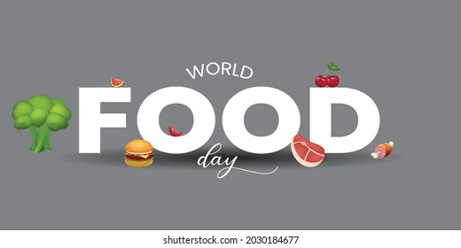 World Food day on 16th October. World food day illustration concept design with food cartoons. Banner template design. 