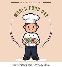 World Food Day on October 16th Cartoon Chef with Vegetable Meal. Isolated Vector Backgrounds Design. 