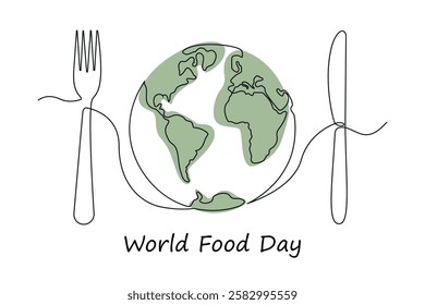 World Food day in one continuous line in color. One line drawing, minimalism. Vector illustration.
