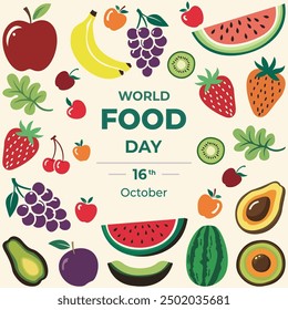 World food day poster with colorful 2D fruits with text middle. Nutritious, healthy diet vector design for world food day, Vegetarian, vegan day.